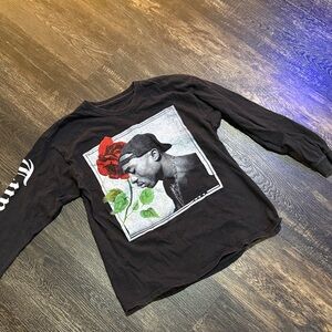 Black Long Sleeve Graphic Tee with Red Rose Portrait